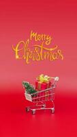 Shopping trolley with Christmas tree and gifts arrives. New Year and Christmas shopping with Merry Christmas hand drawn lettering calligraphy. Vertical banner video