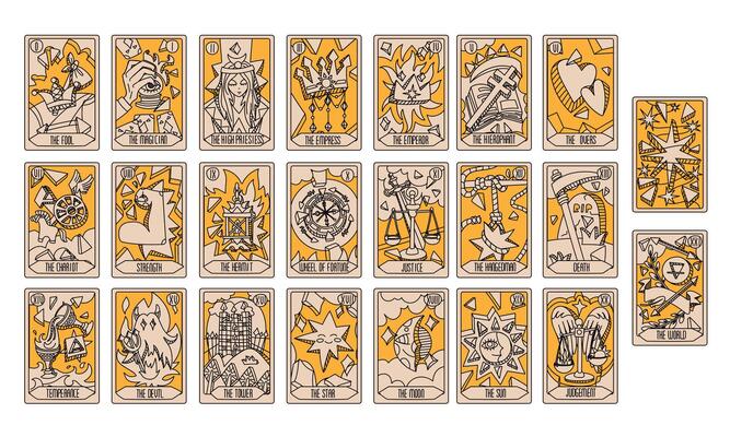 large deck of Tarot cards, three colors. Part of the set of senior arcana. Handmade style with engraving. Occult, alchemical symbolism. Fool, magician, high priestess, Empress, Emperor, lovers