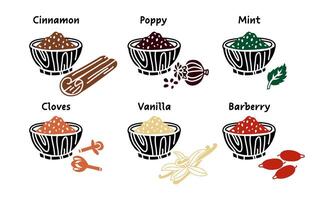 set of spices in form of black silhouettes with bright color in crushed form on a wooden plate next to dish. variety barberry, poppy seeds, vanilla, cinnamon, cloves, mint different taste preferences. vector