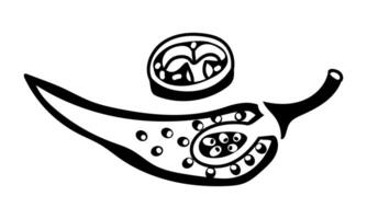 A set of illustrations in the section of a hot pepper pod. Contour and silhouette of hot pepper, cut in half with seeds and peduncle, slices, strips for cooking on white vector
