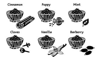 set of spices in the form of black silhouettes in crushed form on a wooden plate next to the dish. A variety of barberry, poppy seeds, vanilla, cinnamon, cloves, mint for different taste preferences. vector
