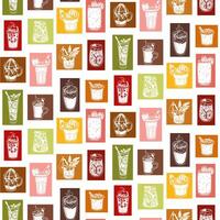 pattern with multicolored drinks in a square on white. Seamless texture of drinks for bar, restaurant. Glasses arranged in rows. Silhouettes of glass in geometric shape. Printing for menu packaging vector