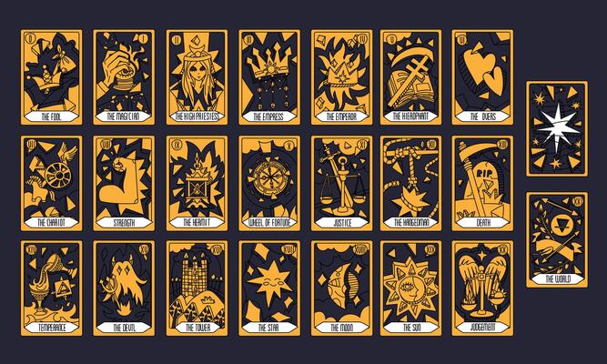 deck of Tarot cards, three colors and gold. Part of the set of senior arcana. Handmade style with engraving. Occult and alchemical symbolism. Fool, magician, high priestess, Empress, Emperor