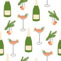 Hand drawn mimosa cocktail and champagne bottle seamless pattern. Festive design for textile, wrapping paper, gift paper vector