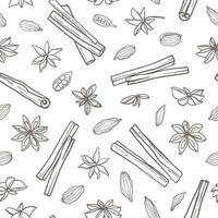 Hand drawn monochrome cinnamon, star anise and cardamom seamless pattern. Design for fabric, home textile, wrapping paper vector