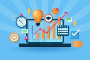 Professional scheme of financial analytics, business processes and consultations, ideas, the process of implementing the plan. Business symbols on the background of a laptop. vector