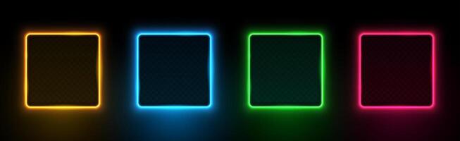 Collection of neon glowing square frames. Glowing frame. Orange, blue, green and red LED fluorescent lasers isolated on black background. vector