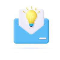 Concept of sharing creative ideas, stories, education. Open postal envelope with document and light bulb. vector