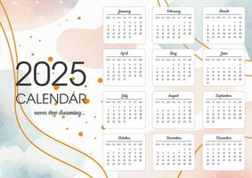 2025 calendar template in watercolor style. Soft pastel colors. Abstract texture. Landscape orientation. vector