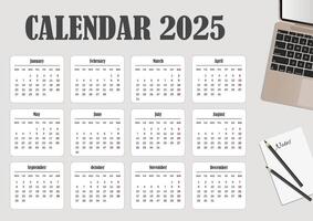 2025 calendar template with a laptop and a sheet for notes .Gray, beige and white colors. Landscape orientation. vector