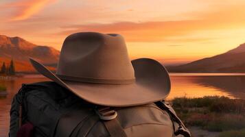 A cowboy hat is on a bag with beautiful sunset landscape background photo