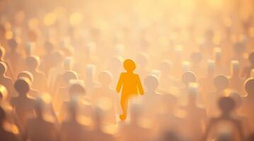 A single yellow figure stands out from the crowd, Individuality concept, Unique leader photo