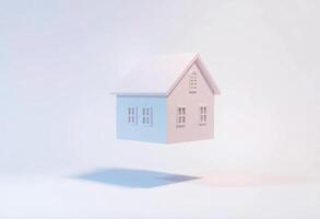 A minimal house model is floating in the air, clean background, Home concept, Home savings photo