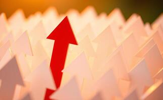 A red arrow up surrounded by white arrows, Outstanding, Unique, Creative idea, CEO, Leadership concept photo