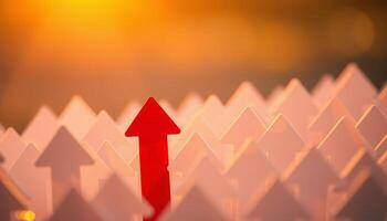 A red arrow up surrounded by white arrows, Outstanding, Unique, Creative idea, CEO, Leadership concept photo