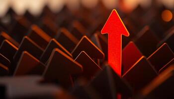 Glowing red arrow up surrounded by dark arrows, Outstanding, Unique, Creative idea, Leadership concept photo