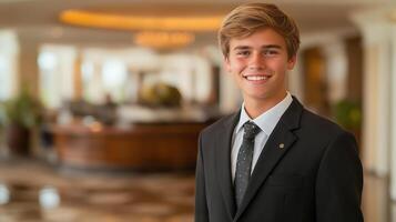 A young hotel receptionist in a black suit and tie smiling warmly in a luxurious hotel lobby with elegant decor. photo