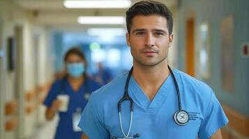 Confident doctor in blue scrubs with a stethoscope in a hospital corridor, symbolizing healthcare and dedication. photo