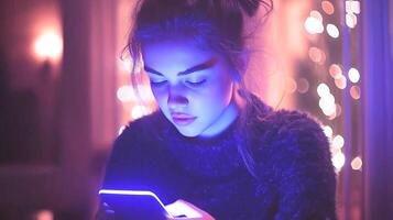 A young woman illuminated by the glow of her smartphone in a dimly lit room, surrounded by soft bokeh lights. photo
