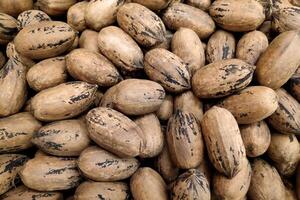 Stack of pecan nuts on a market stall photo