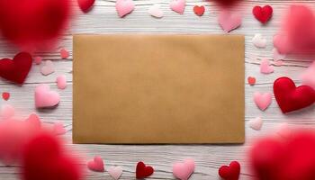 Valentines Day background with hearts. Kraft paper on wood background. Blank paper. Background with hearts. Mockup. photo