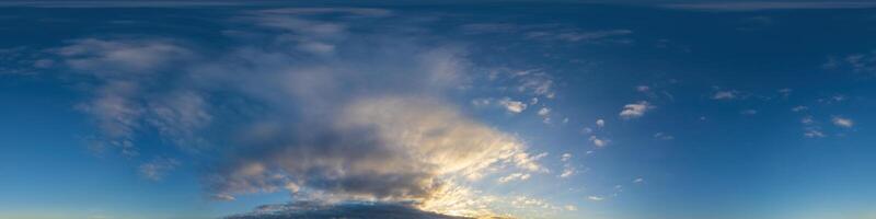 Dark blue sunset sky panorama with Cumulus clouds. Seamless hdr pano in spherical equirectangular format. Complete zenith for 3D visualization, game and sky replacement for aerial drone 360 panoramas. photo