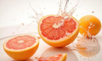 A sliced grapefruit with radiant pink pulp exploding into sparkling water splashes, droplets suspended mid-air in freeze-frame, sharp light refracting photo