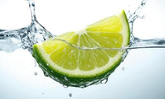 A juicy green lime wedge splashing into sparkling water, sharp freeze-frame droplets and waves suspended in motion, translucent pulp glowing photo