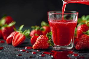 A glass of strawberry juice being poured into a glass photo