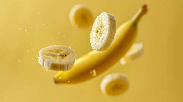 plátano rebanadas que cae desde el cielo foto