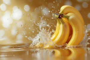 Bananas splash water on a yellow background photo
