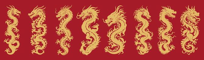 set of illustration of chinese traditional ancient dragon in a gold color isolated on a red background vector