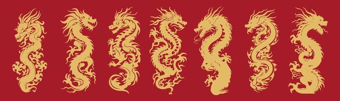 set of illustration of chinese traditional ancient dragon in a gold color isolated on a red background. eps vector