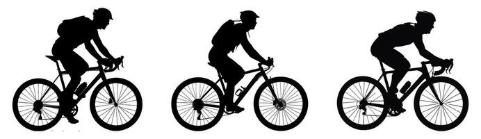 set of silhouettes of people riding bicycle. cyclist side view. isolated on a background. eps 10 vector