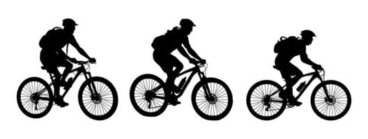 set of silhouettes of people riding bicycle. cyclist side view. high detail. isolated on a background vector