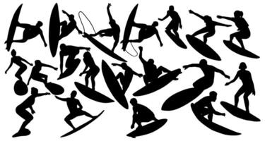 set of silhouette of man and woman on a surfing board. isolated on a background. eps 10 vector