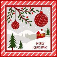 Christmas card with red and white striped background and trees vector