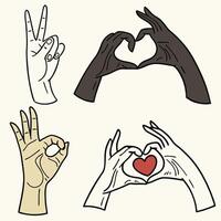 Hand gestures with heart and peace sign vector