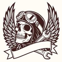 Skull in helmet with wings and ribbon vector