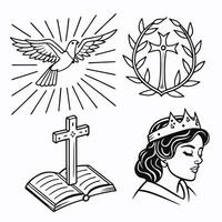 un conjunto de religioso símbolos incluso un corona, un paloma, y un cruzar vector