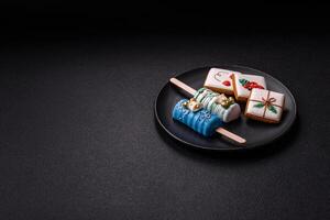 Natural popsicle ice cream on a stick in the style of Christmas photo