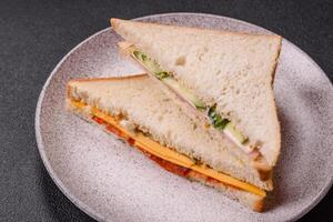 Sandwich with ham, salami, tomatoes, mustard, salt and spices photo