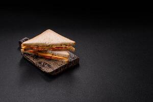 Sandwich with ham, salami, tomatoes, mustard, salt and spices photo