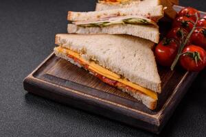 Sandwich with ham, salami, tomatoes, mustard, salt and spices photo