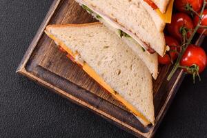 Sandwich with ham, salami, tomatoes, mustard, salt and spices photo
