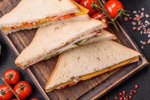 Sandwich with ham, salami, tomatoes, mustard, salt and spices photo