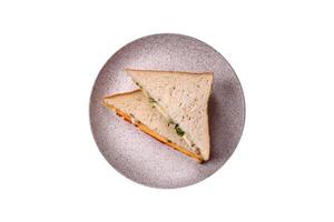 Sandwich with ham, salami, tomatoes, mustard, salt and spices photo