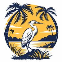Heron standing on the beach with palm trees and a sunset vector
