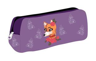 Purple pencil case with a fox vector