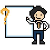 Cartoon pixel art of man male or boy happy smile question mark confuse wonder don't know question 8 bit. vector